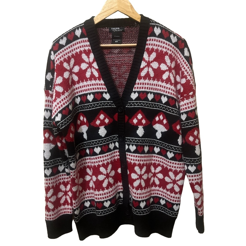 Hot Topic Thorn & Fable Women’s Medium Oversized Cardigan Mushroom Heart Sweater